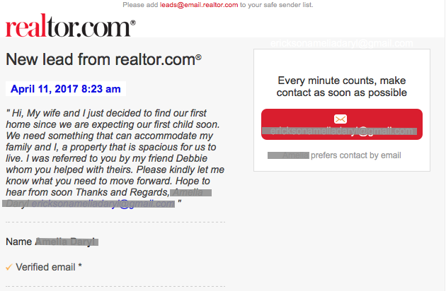 Realtor.com bogus lead email - phishing scam